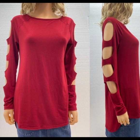 Red Cut-out Slit Long Sleeve Tunic Top Medium - Picture 1 of 6